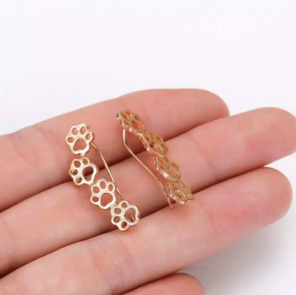 Gold Tone Paw Print Ear Climber Sweep Earrings - Picture 3 of 5